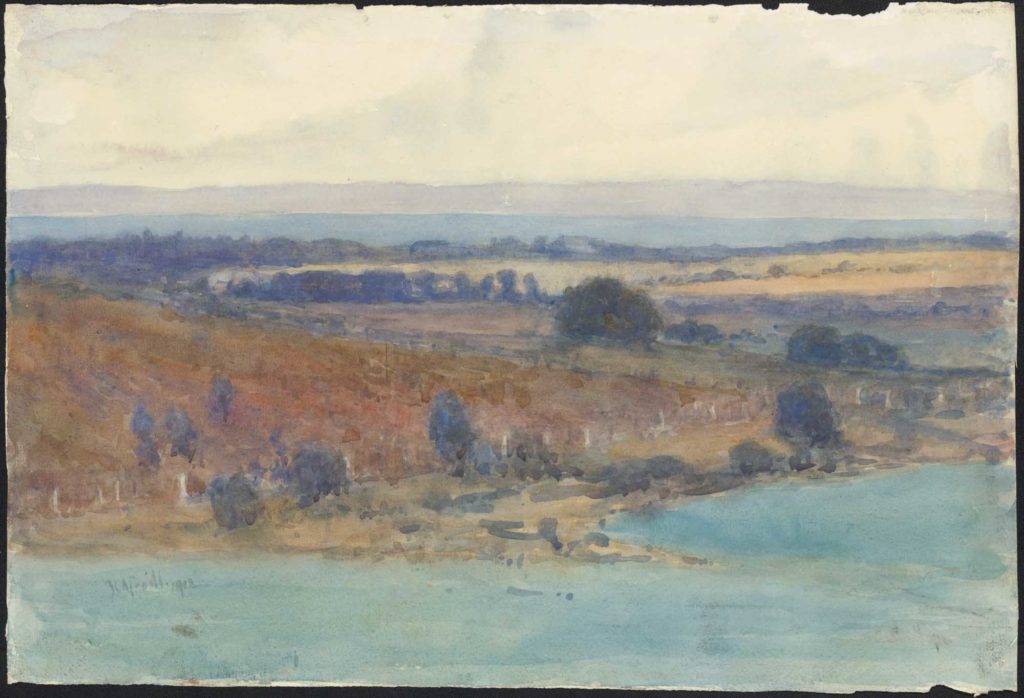 Jessie TRAILL Born: Brighton, Victoria, Australia 1881; Worked in United Kingdom, United States, Europe; Died: 1967 Towards Avalon Beach 1912 watercolour on paper 35.6 x 50.4 cm [sheet] Benalla Art Gallery Collection Ledger Gift, 1988 1988.44 © Estate of Jessie Traill/ Copyright Agency 2019